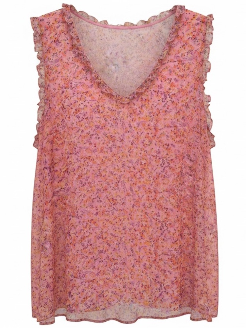 Pink Multi Floral Ruffle V-Neck Chiffon Sleeveless Summer Blouse Plus Size 2X